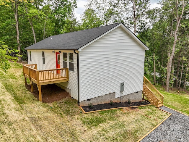 2506 Turnpike Rd, Horse Shoe, NC 28742 - view of side of property with crawl space, a deck, a lawn, stairway, and a shingled roof