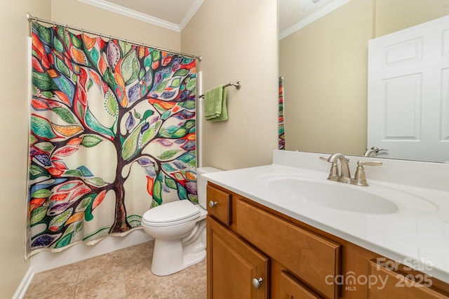 bathroom with vanity, crown molding, and toilet