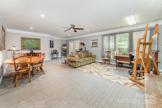 living room featuring crown molding, carpet, a ceiling fan, recessed lighting, and baseboards