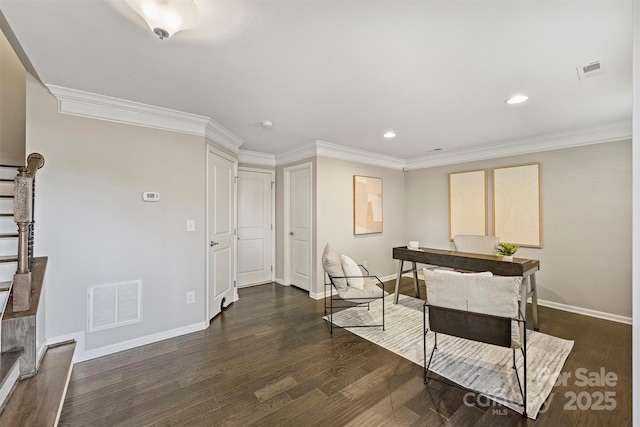 home office with visible vents, baseboards, dark wood-style floors, and ornamental molding