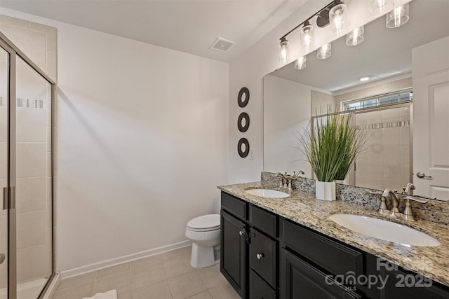 full bath featuring a sink, visible vents, toilet, and a shower stall