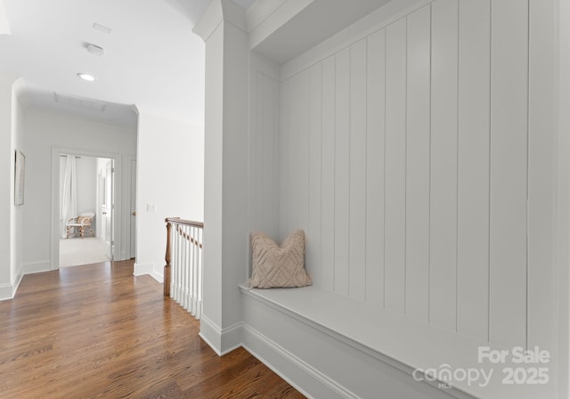 mudroom featuring recessed lighting, dark wood finished floors, visible vents, and baseboards