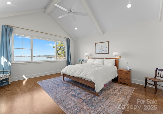 bedroom with lofted ceiling with beams, baseboards, wood finished floors, and recessed lighting