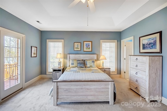 4633 River Bluff Ct, Charlotte, NC 28214 - bedroom with visible vents, baseboards, light carpet, a ceiling fan, and access to outside