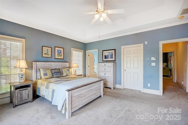 4633 River Bluff Ct, Charlotte, NC 28214 - bedroom with visible vents, light colored carpet, baseboards, and ceiling fan