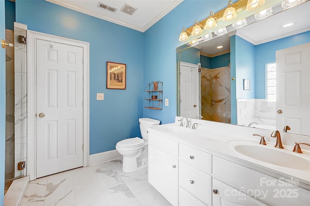 4633 River Bluff Ct, Charlotte, NC 28214 - bathroom with visible vents, a sink, a shower stall, crown molding, and marble finish floor