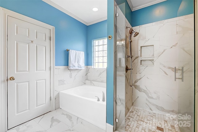 4633 River Bluff Ct, Charlotte, NC 28214 - full bathroom featuring a marble finish shower, marble finish floor, crown molding, and a garden tub