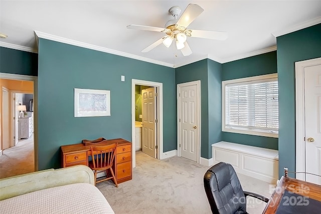 4633 River Bluff Ct, Charlotte, NC 28214 - bedroom with light carpet, a ceiling fan, crown molding, and baseboards