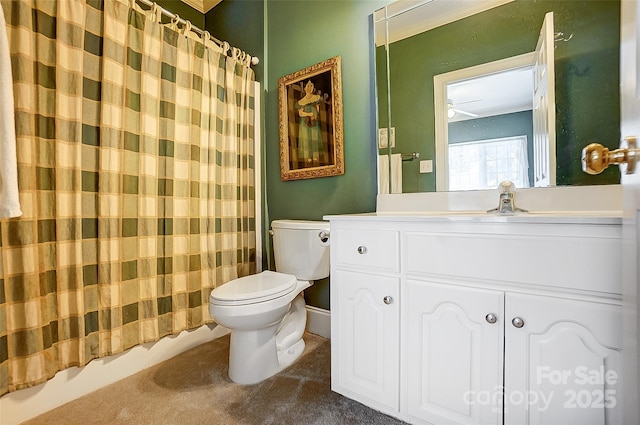 4633 River Bluff Ct, Charlotte, NC 28214 - full bath featuring curtained shower, toilet, vanity, and a ceiling fan