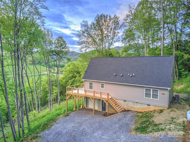 145 Banjo Ln, Waynesville, NC 28785 - rear view of property with driveway, a wooden deck, crawl space, central air condition unit, and a shingled roof