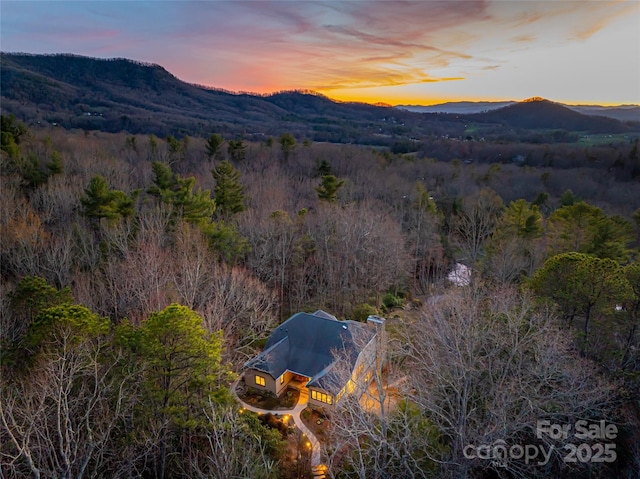 aerial view at dusk featuring a forest view and a mountain view