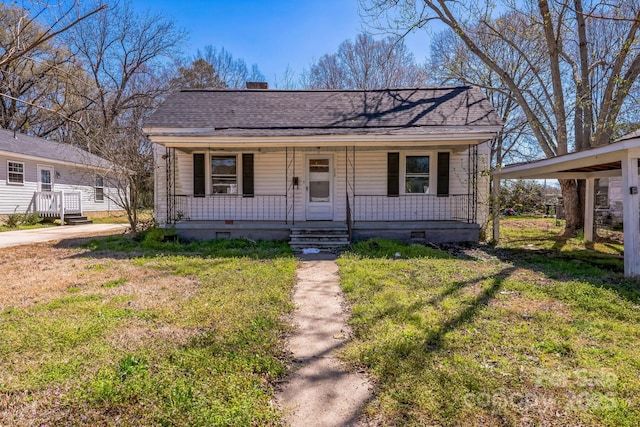 208 Columbia Ave, Rock Hill, SC 29730 - bungalow-style home with a front lawn, a porch, a shingled roof, crawl space, and a chimney