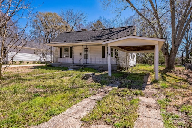 208 Columbia Ave, Rock Hill, SC 29730 - view of front of house featuring a shingled roof, a carport, covered porch, a chimney, and crawl space