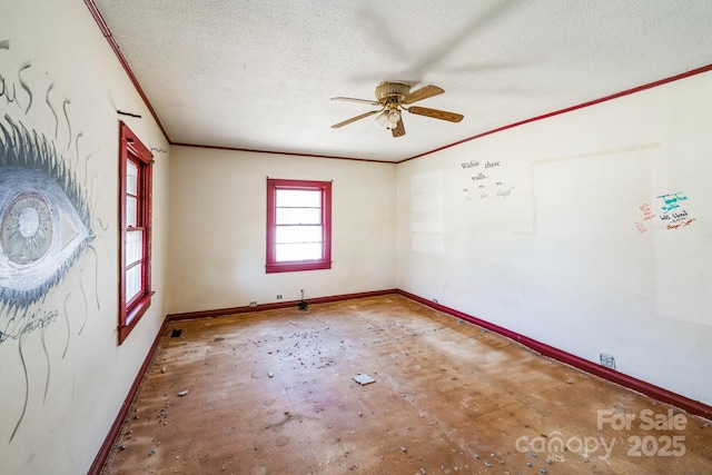 208 Columbia Ave, Rock Hill, SC 29730 - spare room featuring baseboards, a textured ceiling, ornamental molding, and a ceiling fan