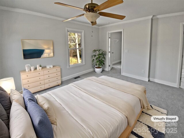 510 Newport Dr, Salisbury, NC 28144 - carpeted bedroom with ceiling fan, baseboards, visible vents, and ornamental molding