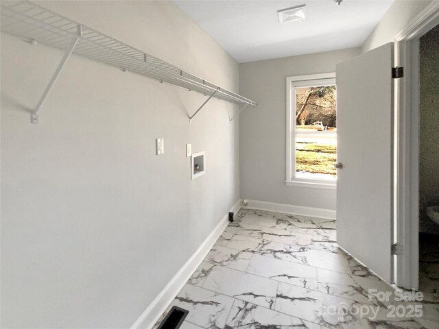 510 Newport Dr, Salisbury, NC 28144 - clothes washing area with hookup for a washing machine, baseboards, visible vents, laundry area, and marble finish floor