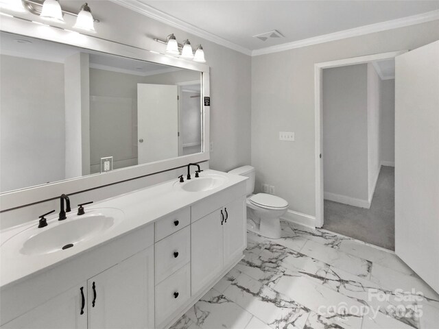 510 Newport Dr, Salisbury, NC 28144 - bathroom with crown molding, toilet, marble finish floor, and a sink