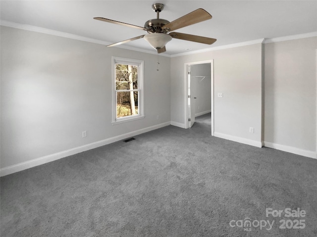 510 Newport Dr, Salisbury, NC 28144 - carpeted spare room featuring ornamental molding, baseboards, visible vents, and ceiling fan