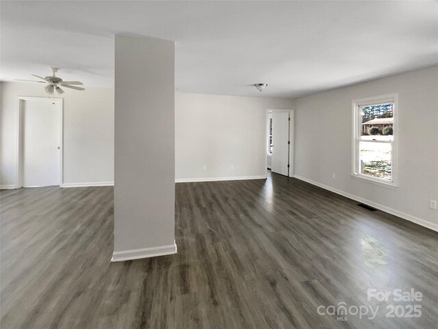 510 Newport Dr, Salisbury, NC 28144 - interior space with visible vents, a ceiling fan, dark wood-style flooring, and baseboards