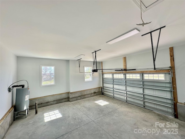 garage featuring a garage door opener and water heater