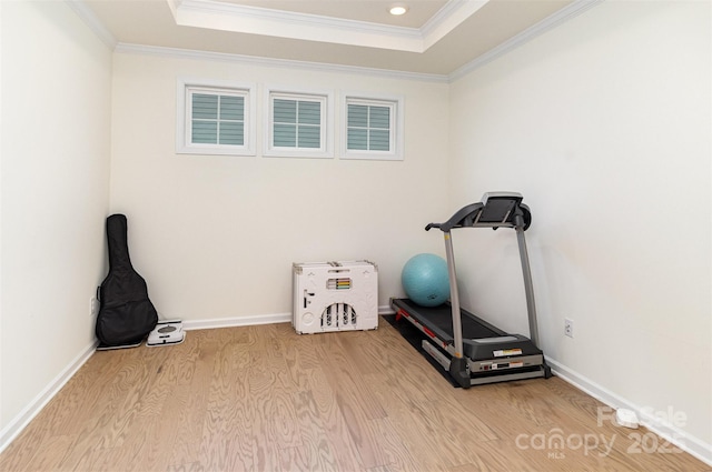 exercise room featuring ornamental molding, baseboards, a raised ceiling, and wood finished floors