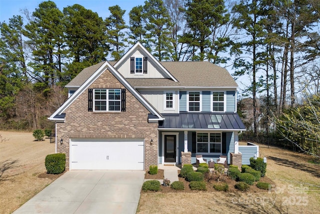 craftsman house with driveway, a standing seam roof, covered porch, a shingled roof, and a garage
