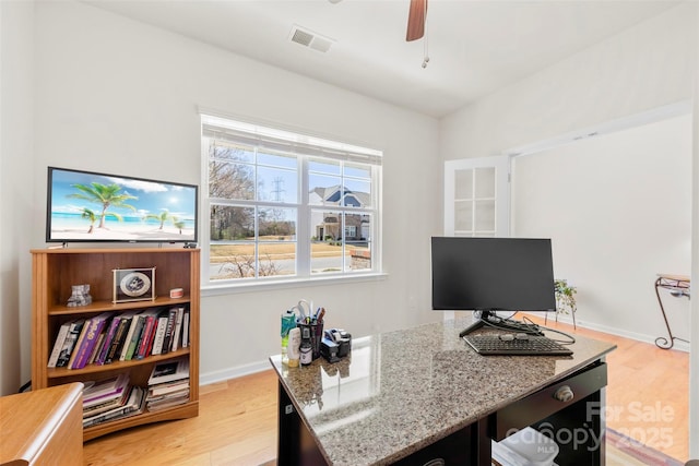 home office with ceiling fan, visible vents, a healthy amount of sunlight, and light wood-style flooring