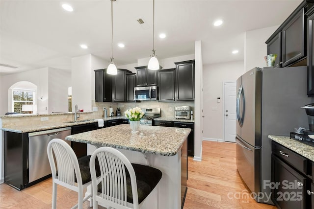 kitchen featuring tasteful backsplash, dark cabinetry, stainless steel appliances, light wood-style floors, and a peninsula