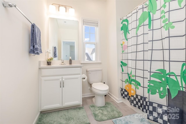 165 Winterberry St, Mooresville, NC 28117 - bathroom featuring vanity, baseboards, curtained shower, tile patterned floors, and toilet