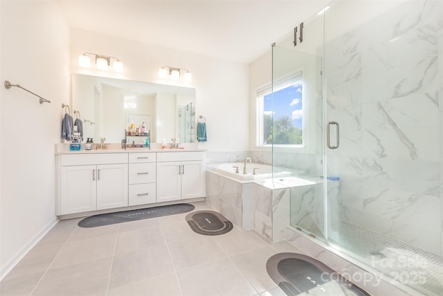 165 Winterberry St, Mooresville, NC 28117 - full bathroom featuring a sink, double vanity, a marble finish shower, tile patterned floors, and a garden tub