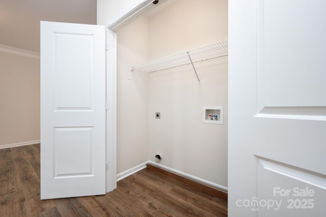 laundry area with electric dryer hookup, hookup for a washing machine, dark wood-type flooring, and laundry area