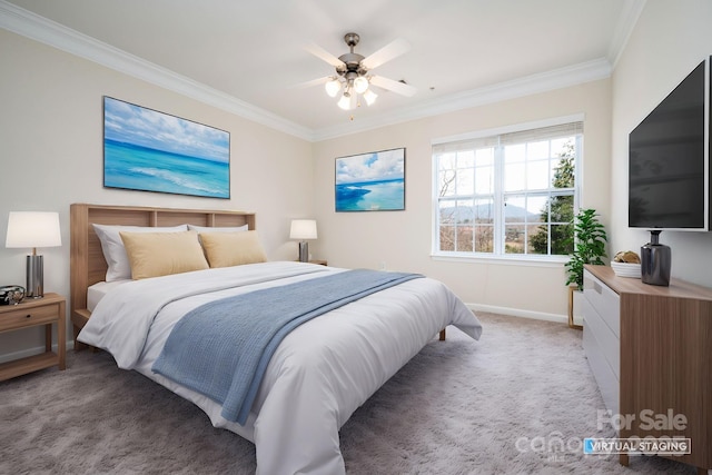 bedroom with crown molding, baseboards, and light carpet