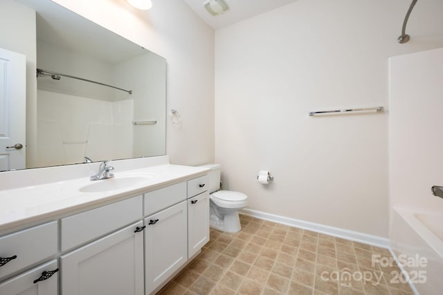 full bath with toilet, vanity, shower / bathing tub combination, and baseboards