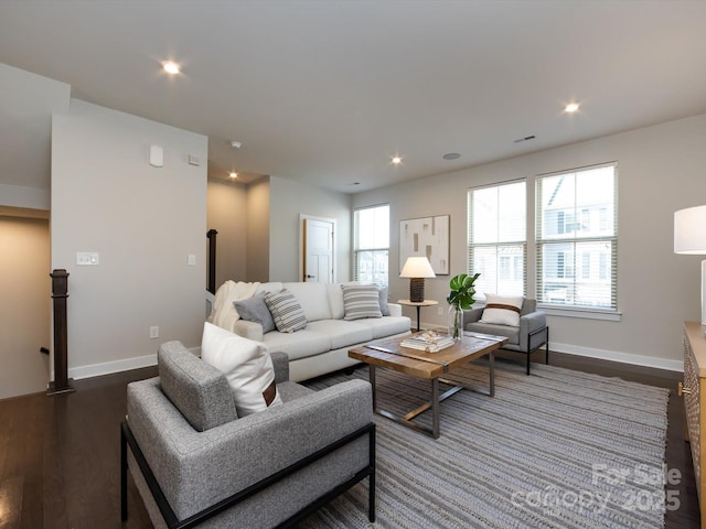 1814 Shumard Ln, Charlotte, NC 28205 - living area featuring recessed lighting, dark wood-style flooring, and baseboards