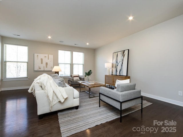 1814 Shumard Ln, Charlotte, NC 28205 - living area featuring recessed lighting, visible vents, baseboards, and dark wood-style flooring