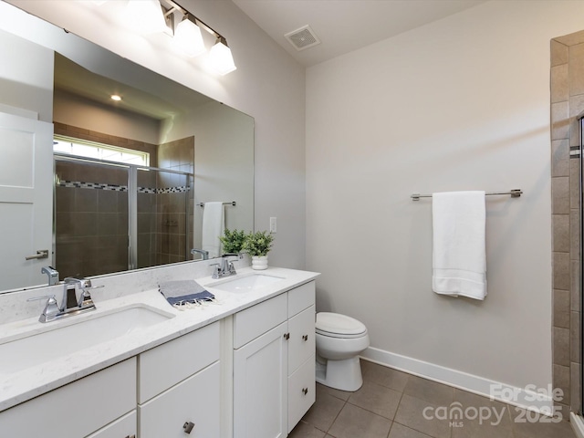 1814 Shumard Ln, Charlotte, NC 28205 - full bath featuring visible vents, double vanity, a stall shower, tile patterned floors, and a sink