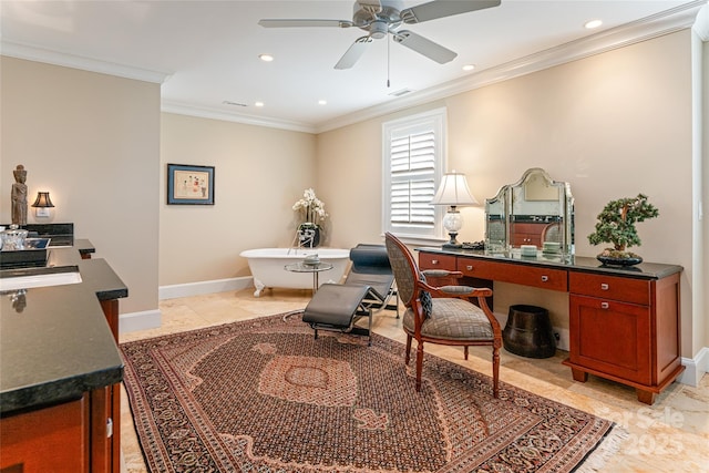home office with crown molding, a ceiling fan, visible vents, recessed lighting, and baseboards