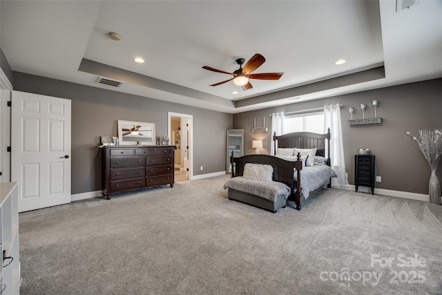 10071 Highland Creek Cir, Indian Land, SC 29707 - carpeted bedroom featuring a tray ceiling, baseboards, visible vents, and recessed lighting