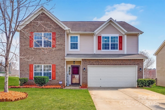 10071 Highland Creek Cir, Indian Land, SC 29707 - view of front of house featuring concrete driveway, roof with shingles, an attached garage, a front lawn, and brick siding