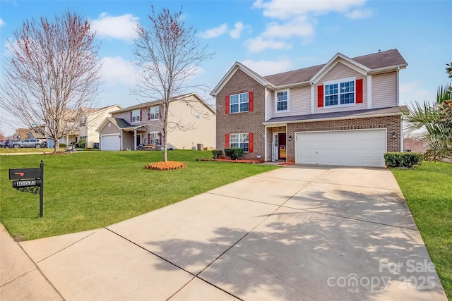 10071 Highland Creek Cir, Indian Land, SC 29707 - traditional-style house featuring brick siding, a front yard, an attached garage, and driveway