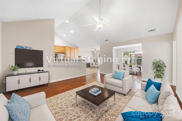 4323 Wiregrass Rd, Indian Land, SC 29707 - living area with a ceiling fan, visible vents, wood finished floors, high vaulted ceiling, and baseboards