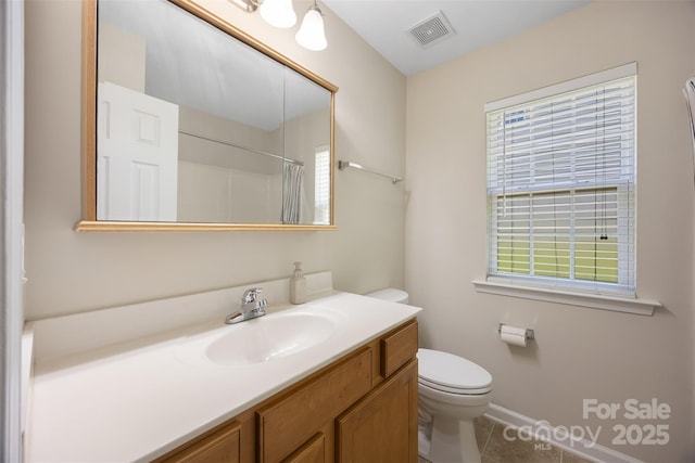 4323 Wiregrass Rd, Indian Land, SC 29707 - full bathroom with visible vents, curtained shower, vanity, tile patterned floors, and toilet