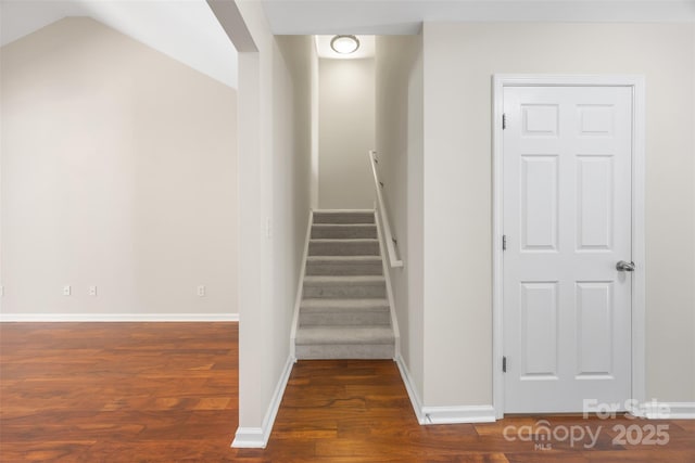 4323 Wiregrass Rd, Indian Land, SC 29707 - stairway featuring baseboards, wood finished floors, and vaulted ceiling