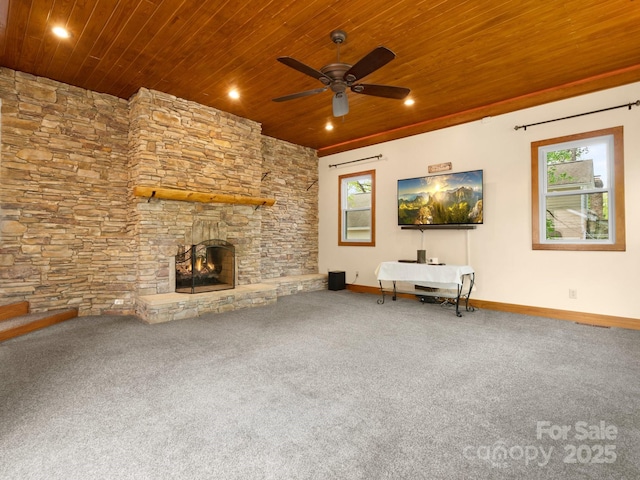 9009 Stourbridge Dr, Huntersville, NC 28078 - unfurnished living room with wood ceiling, carpet floors, healthy amount of natural light, baseboards, and recessed lighting