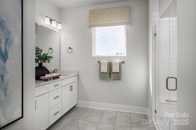 3063 Finchborough Ct Unit 216, Charlotte, NC 28269 - full bathroom featuring a shower with shower door, vanity, and baseboards