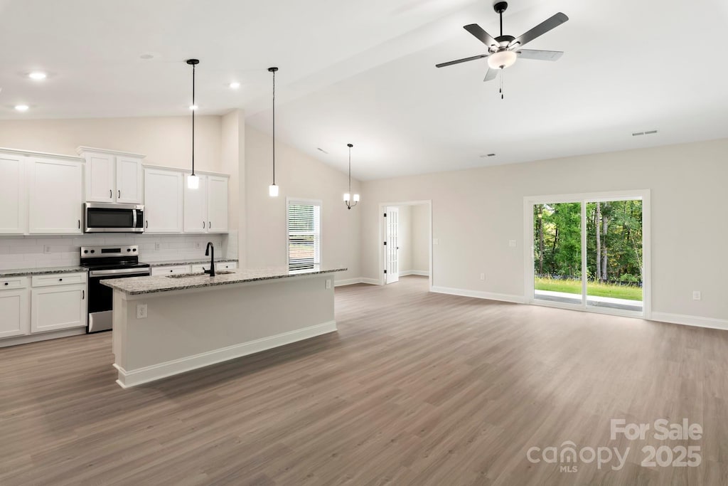 kitchen featuring a sink, light wood-type flooring, a center island with sink, and stainless steel appliances