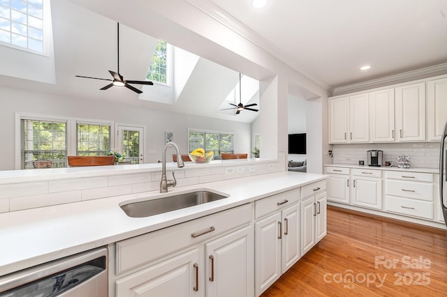 615 Vega St NW, Concord, NC 28027 - kitchen featuring a skylight, a sink, stainless steel dishwasher, ceiling fan, and tasteful backsplash
