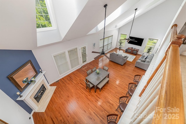 615 Vega St NW, Concord, NC 28027 - living area with high vaulted ceiling, a fireplace, plenty of natural light, a ceiling fan, and a skylight
