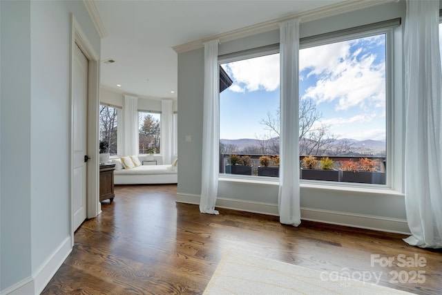 spare room with crown molding, dark wood-style floors, a mountain view, and baseboards