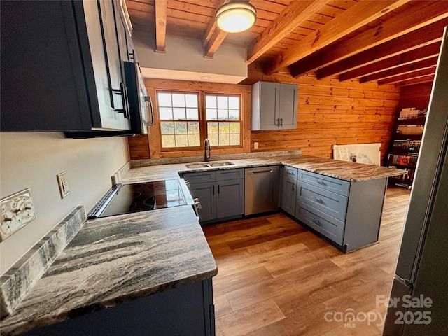 522 Woodgate Dr, Bostic, NC 28018 - kitchen featuring appliances with stainless steel finishes, a sink, gray cabinetry, beam ceiling, and wood ceiling